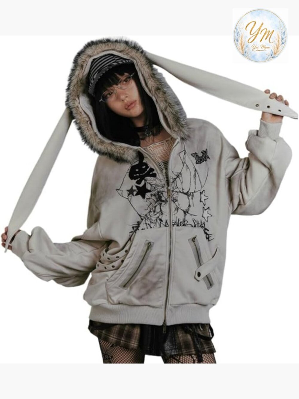 Kawaii Bunny Ear Striped Zip Up Hoodie Y2K Harajuku Sweatshirt